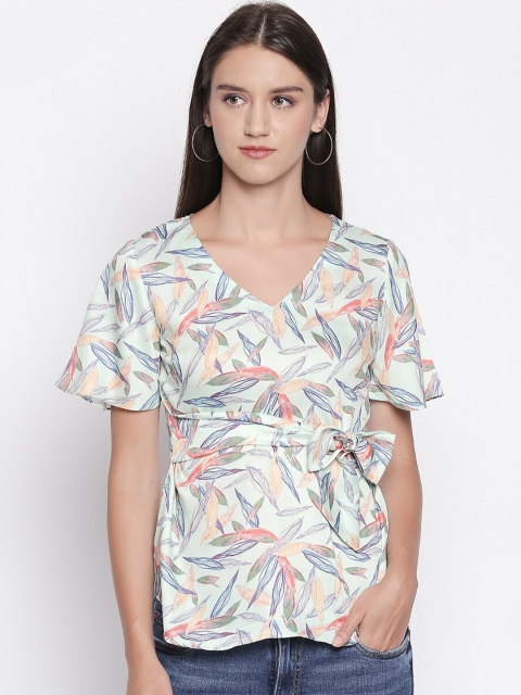 

Mesmerize Women Mint Green & Blue Tropical Printed Wrap Top