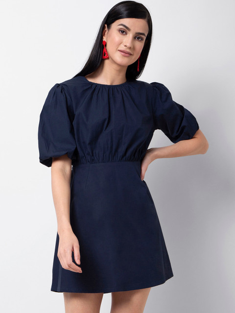 

FabAlley Women Navy Blue Solid Cut Out Back Fit and Flare Dress