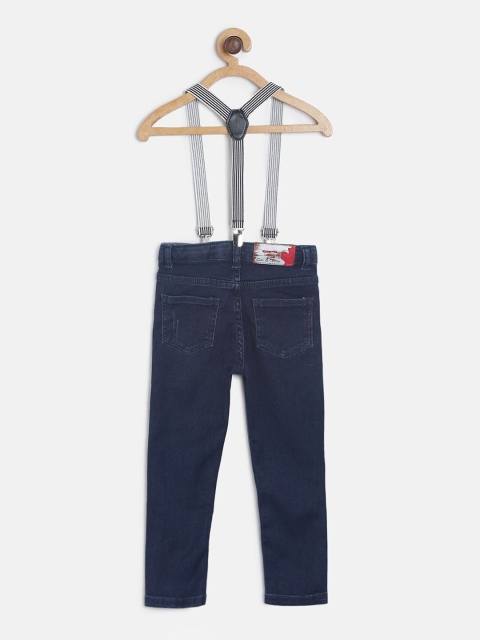 

TALES & STORIES Boys Blue Slim Fit Mid-Rise Low Distress Jeans With Suspenders