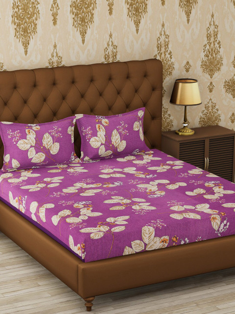 

METRO LIVING Purple & Off-White Floral 120 TC Cotton 1 Queen Bedsheet with 2 Pillow Covers
