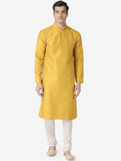 

Sanwara Men Yellow & White Embroidered Kurta with Churidar