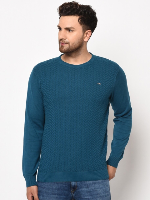 

98 Degree North Men Teal Blue Solid Pullover Sweater