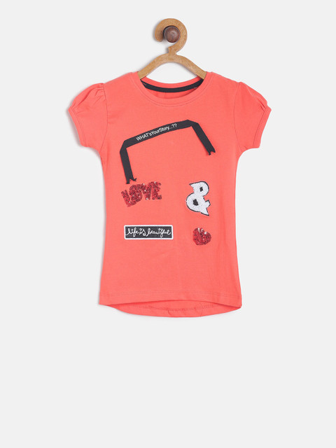 

TALES & STORIES Girls Peach-Coloured Printed Round Neck T-shirt