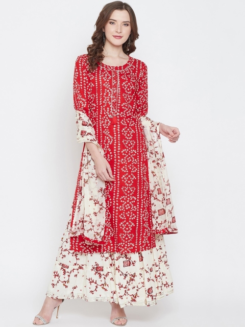 

Castle Women Red & Off-White Printed Kurta with Skirt & Dupatta
