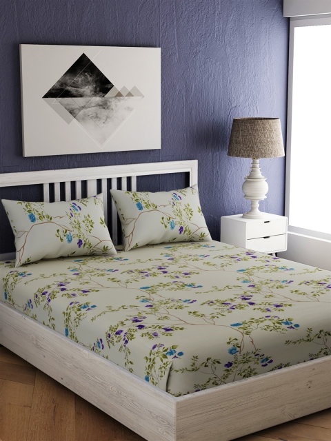 

EverHOME Cream-Coloured Floral 144 TC Cotton 1 Queen Bedsheet with 2 Pillow Covers