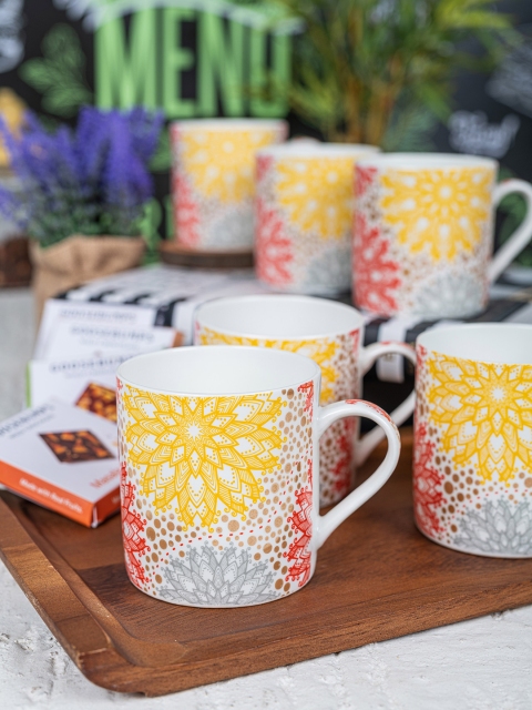 

SONAKI Yellow & White Printed Bone China Mugs Set