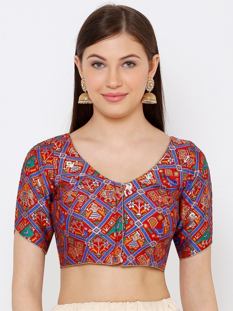 

SALWAR STUDIO Women Red & Blue Woven-Design Readymade Saree Blouse