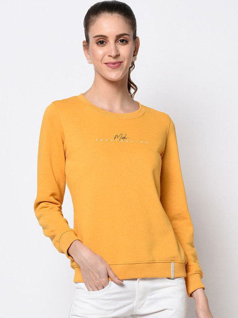 

METTLE Women Mustard Yellow & White Printed Sweatshirt