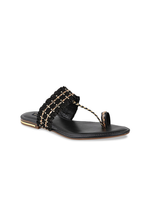 

Shoetopia Women Black & Gold-Toned Embellished T-Strap Flats