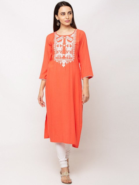 

TANKHI Women Coral & White Yoke Design Straight Kurta