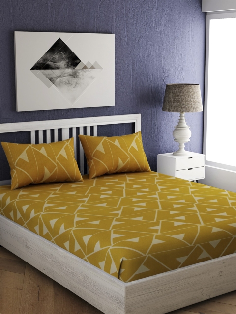 

EverHOME Mustard Geometric 144 TC Cotton 1 Queen Bedsheet with 2 Pillow Covers