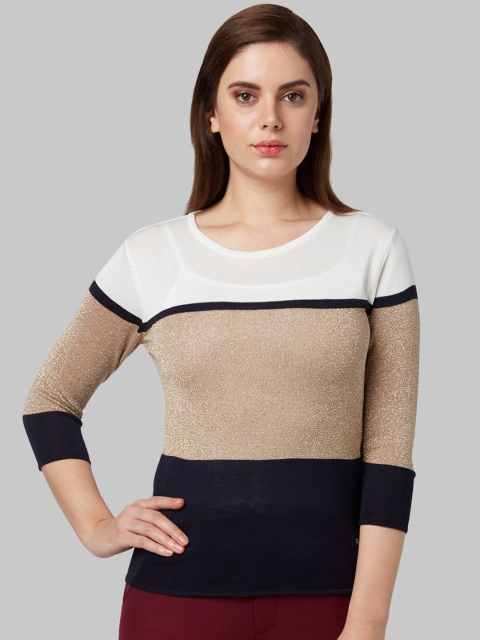 

Park Avenue Woman White & Beige Colourblocked Pullover Sweater