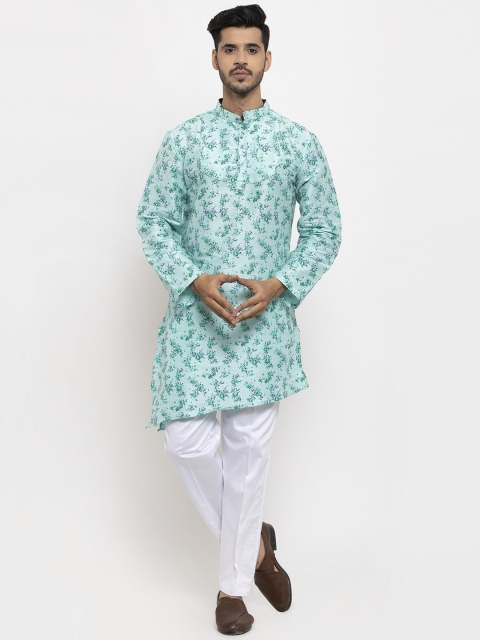 

KLOTTHE Men Turquoise Blue & White Printed Kurta with Pyjamas
