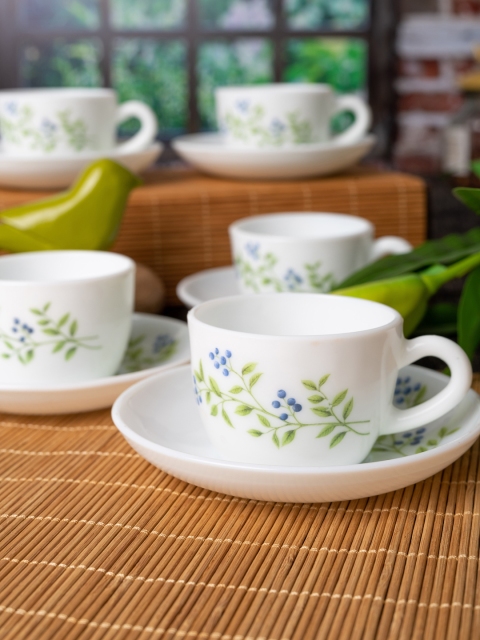 

LaOpala Princess White & Green Printed Cup & Saucer - Set of 12