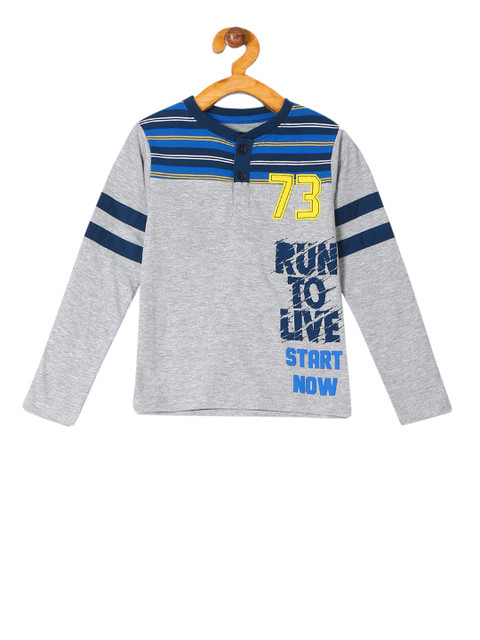 

Cherokee Boys Grey Melange & Navy Blue Printed Henley Neck T-shirt