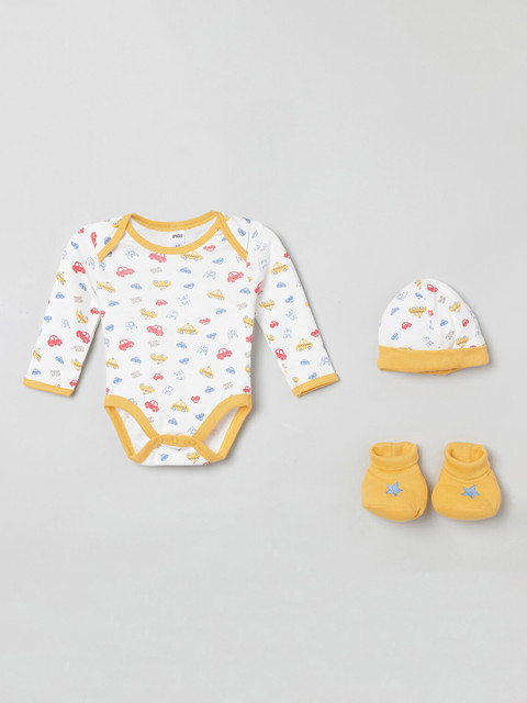 

max White & Yellow Printed Bodysuit with Beanie & Booties