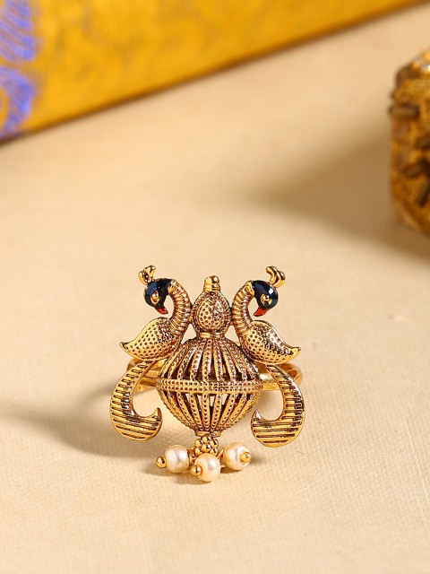 

Shoshaa Gold-Plated White & Blue Pearl Embellished Enamelled Handcrafted Adjustable Finger Ring