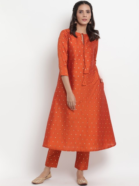 

trueBrowns Women Orange Woven Design Kurta with Trousers