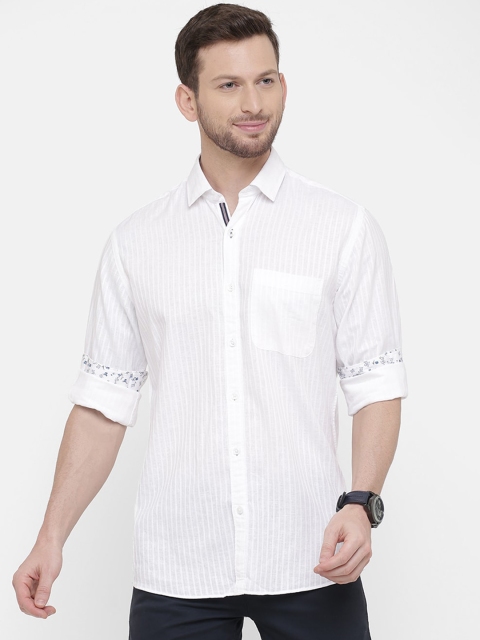 

CAVALLO by Linen Club Men Cotton Linen White Regular Fit Striped Casual Shirt