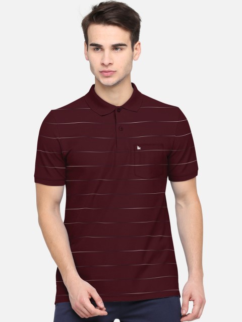 

BULLMER Men Maroon Striped Mandarin Collar Pure Cotton T-shirt