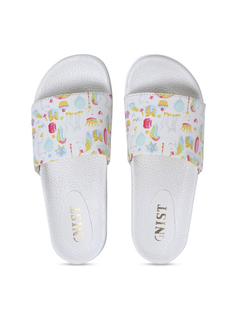 

GNIST Women White Unicorn Printed Sliders