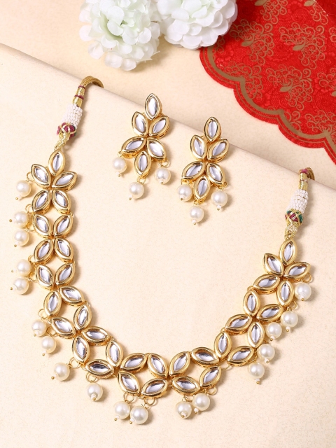 

Shoshaa Gold-Plated White Kundan-Studded Beaded Handcrafted Jewellery Set