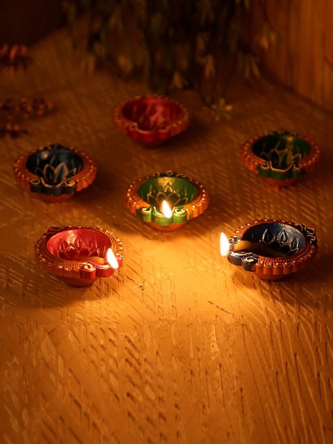 

Aapno Rajasthan Set Of 6 Traditional Hand-Painted Terracotta Diyas, Blue