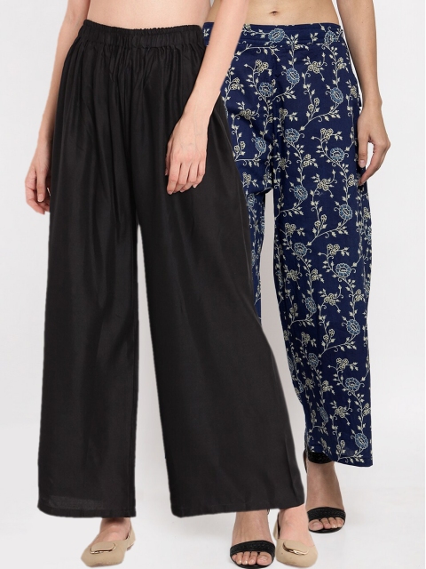 

TAG 7 Women Pack Of 2 Black & Navy Blue Printed Flared Palazzos
