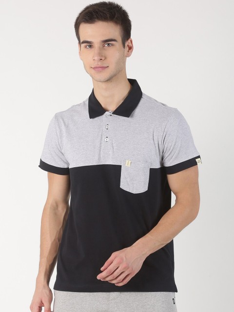

Soul Space Men Black Grey Colourblocked Polo Collar Pure Cotton T-shirt