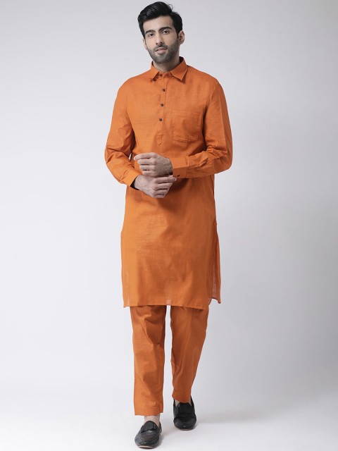 

SG LEMAN Men Orange Solid Raw Silk Kurta with Churidar