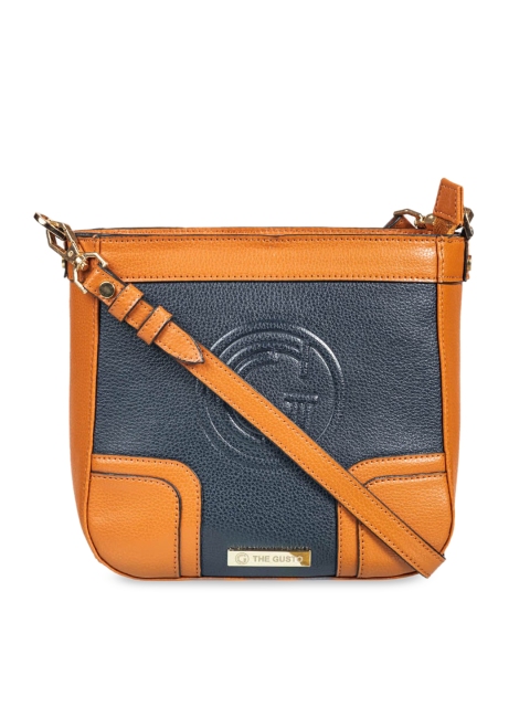 

THE GUSTO Navy Blue & Tan Brown Colourblocked Sling Bag
