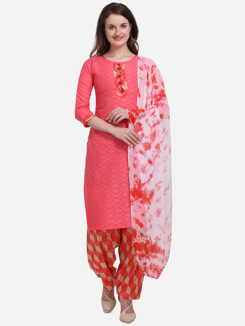 

Kvsfab Peach & White Cotton Blend Unstitched Dress Material