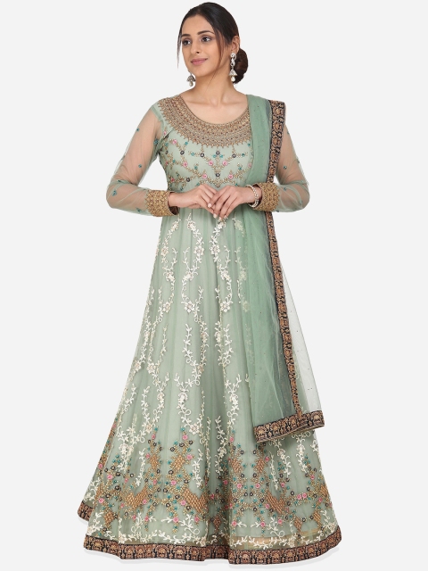 

RIYA Women Sage Green Embellished Maxi Dress With Dupatta