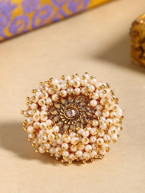 

Shoshaa Women Gold-Plated Off-White Artificial Beads Studded Ethnic Handcrafted Ring