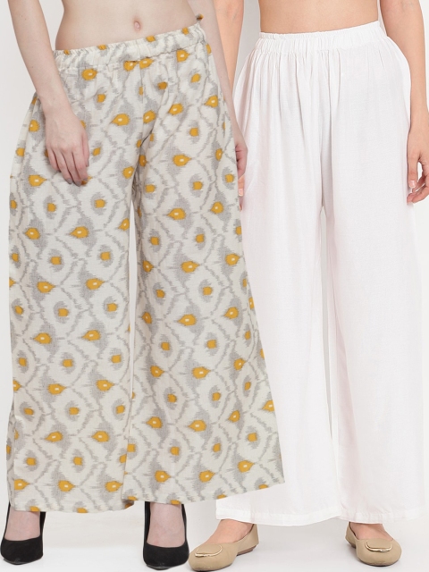 

TAG 7 Women Pack Of 2 White & Grey Printed Flared Palazzos