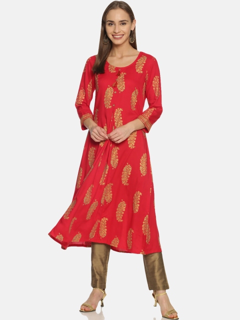 

Saffron Threads Women Red & Gold Paisley Printed A-Line Kurta