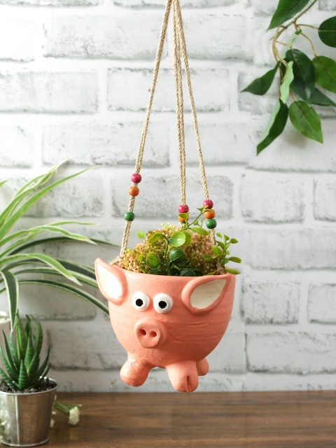 

Aapno Rajasthan Pink Handcrafted Terracotta Baby Piggy Shaped Beaded Hanging Planter