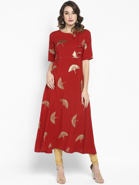 

Janasya Women Maroon & Gold-Coloured Printed A-Line Kurta