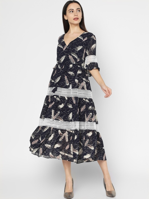 Deal Jeans Women Navy Blue & White Printed Fit and Flare Dress