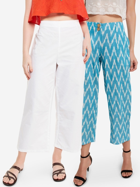 

Desi Weavess Women Pack Of 2 White & Blue Solid Straight Palazzos