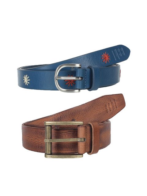 

echt Men Pack Of 2 Brown & Blue Solid Leather Belts