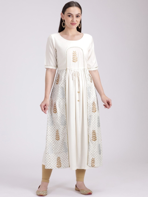 

studio rasa Women White & Beige Block Print A-Line Kurta