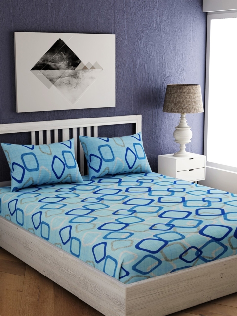 

EverHOME Blue Geometric 144 TC Cotton 1 Queen Bedsheet with 2 Pillow Covers