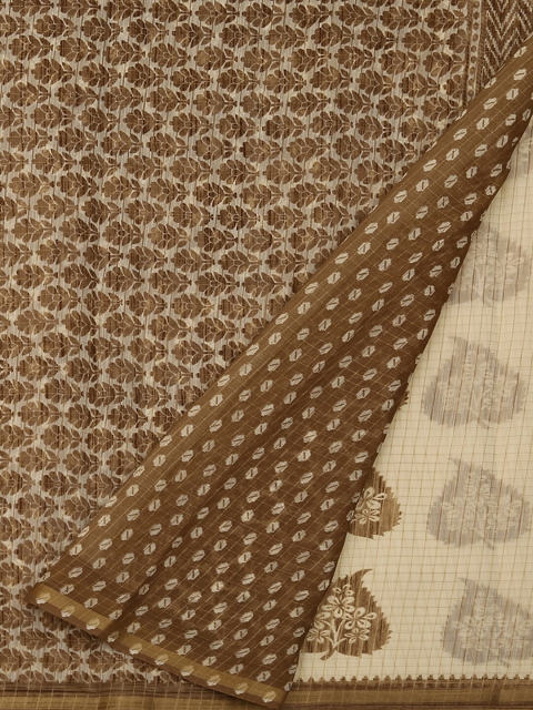 Pothys Cream & Brown Jute Silk Floral Printed Saree