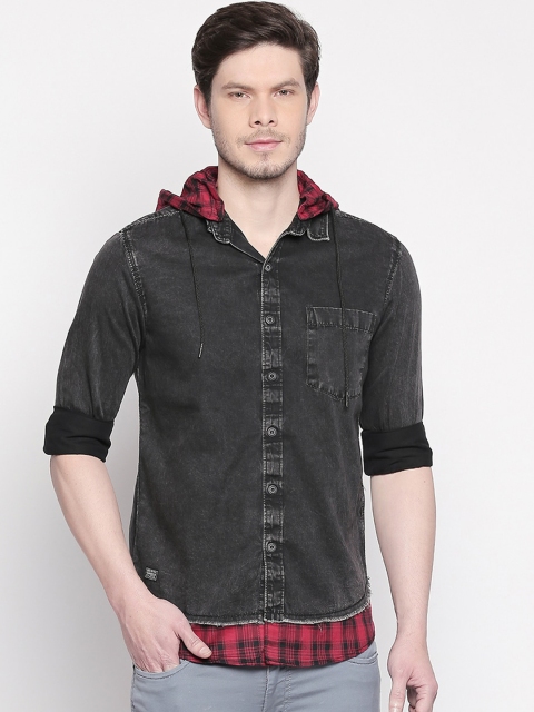 

Mufti Men Black Slim Fit Faded Casual Hooded Shirt