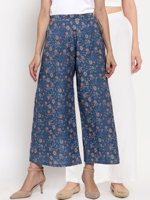 

TAG 7 Women Pack Of 2 White & Blue Printed Flared Palazzos