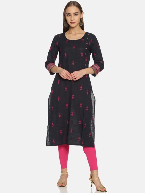 

Saffron Threads Women Navy Blue & Pink Embroidered Straight Kurta