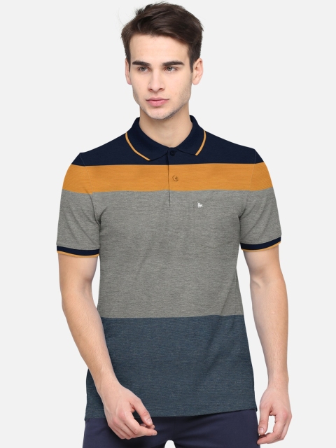 

BULLMER Men Grey Teal Blue Colourblocked Polo Collar Pure Cotton T-shirt