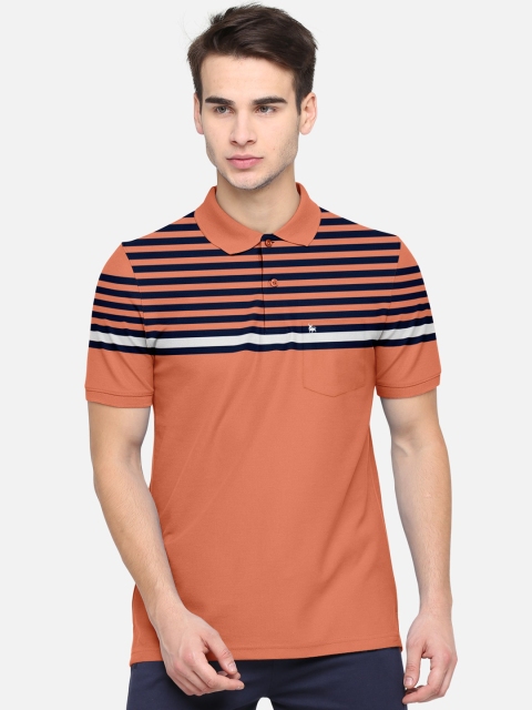 

BULLMER Men Peach-Coloured Striped Polo Collar Pure Cotton T-shirt