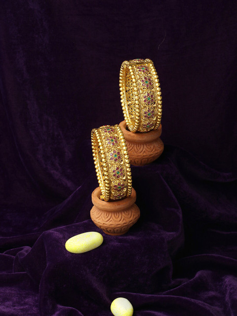 

Adwitiya Collection Set Of Two 24 CT Gold-Plated Pink & Green Stone-Studded Handcrafted Bangles